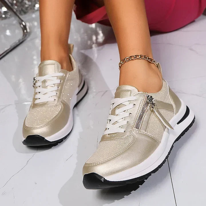 Damen Sneaker in Grau mit goldenen Akzenten und Reißverschluss