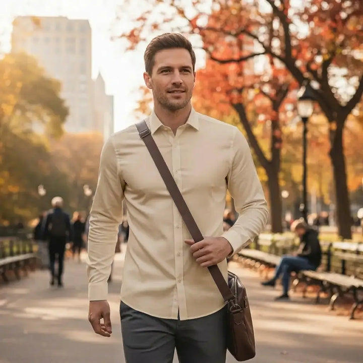 Beige - Herrenhemd mit Stretch, Atmungsaktivem Stoff und Knitterarmem Finish für den Herbst