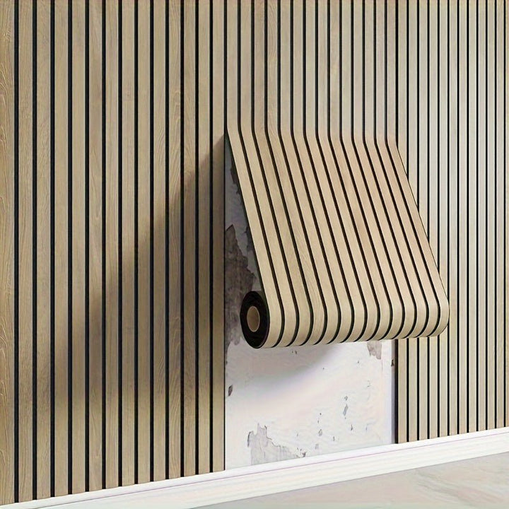 3D Wandpaneele selbstklebend, Holzoptik, realistische Maserung, modern, schlicht, beige, ideal für Wohnzimmer.