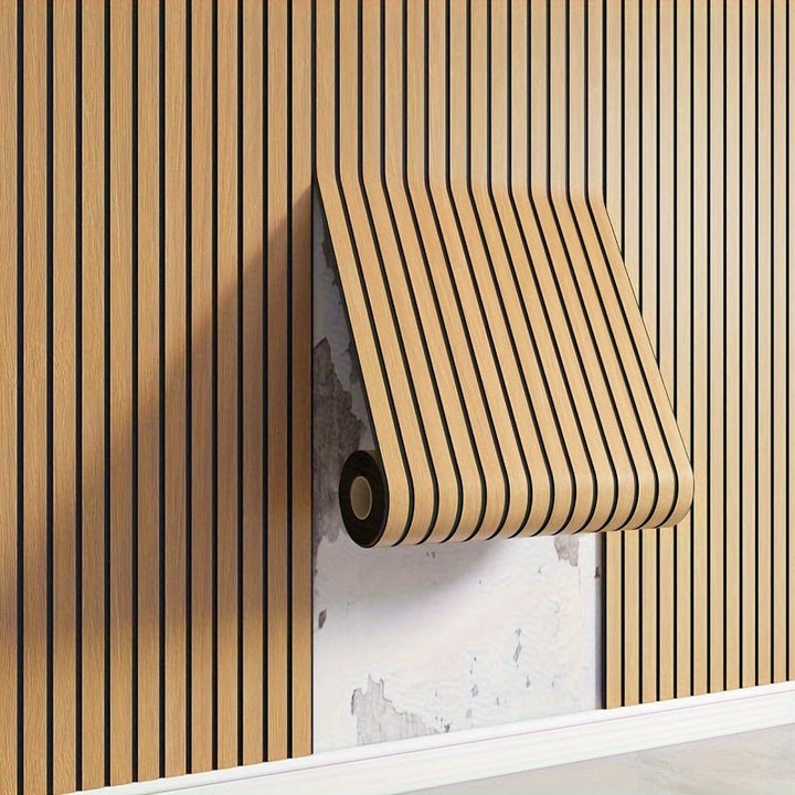 3D Wandpaneele selbstklebend, Holzoptik, realistische Maserung, modern, schlicht, beige, ideal für Wohnzimmer.