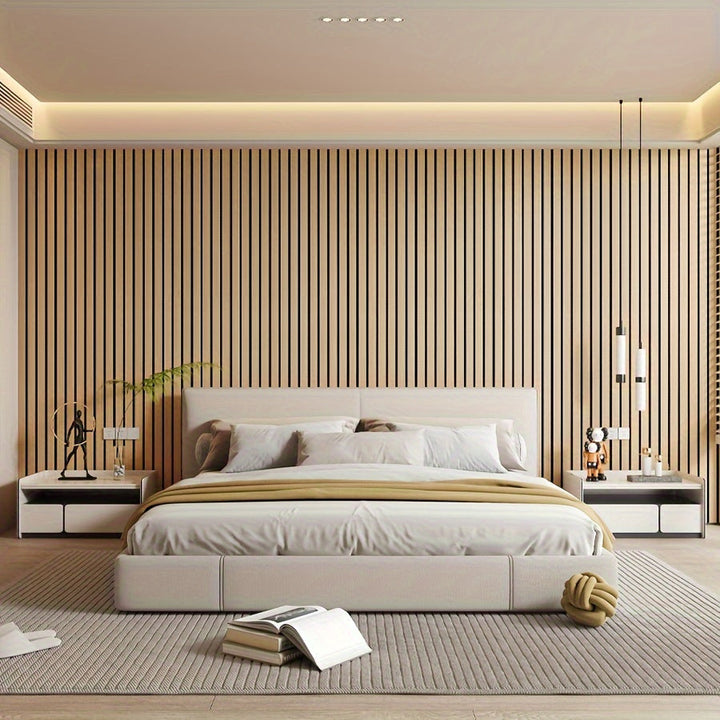 3D Wandpaneele selbstklebend, Holzoptik, realistische Maserung, modern, schlicht, beige, ideal für Wohnzimmer.
