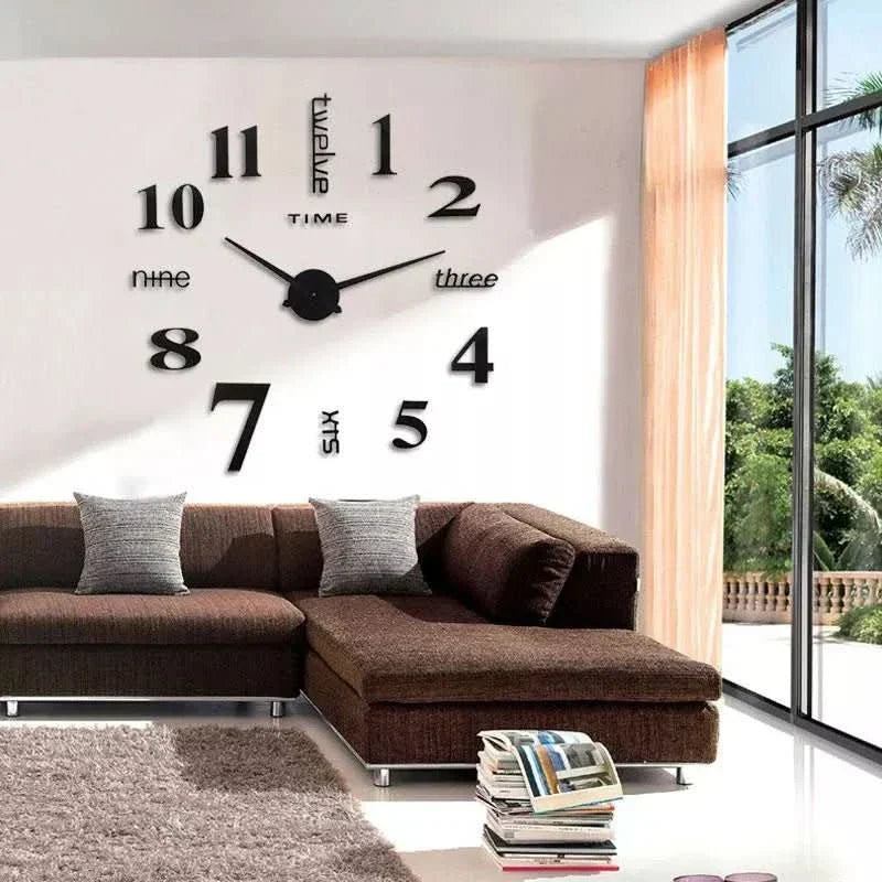 3D Wanduhr moderne Dekoration, schwarze Ziffern, Wohnzimmer, stilvolles Interieur, große Uhr