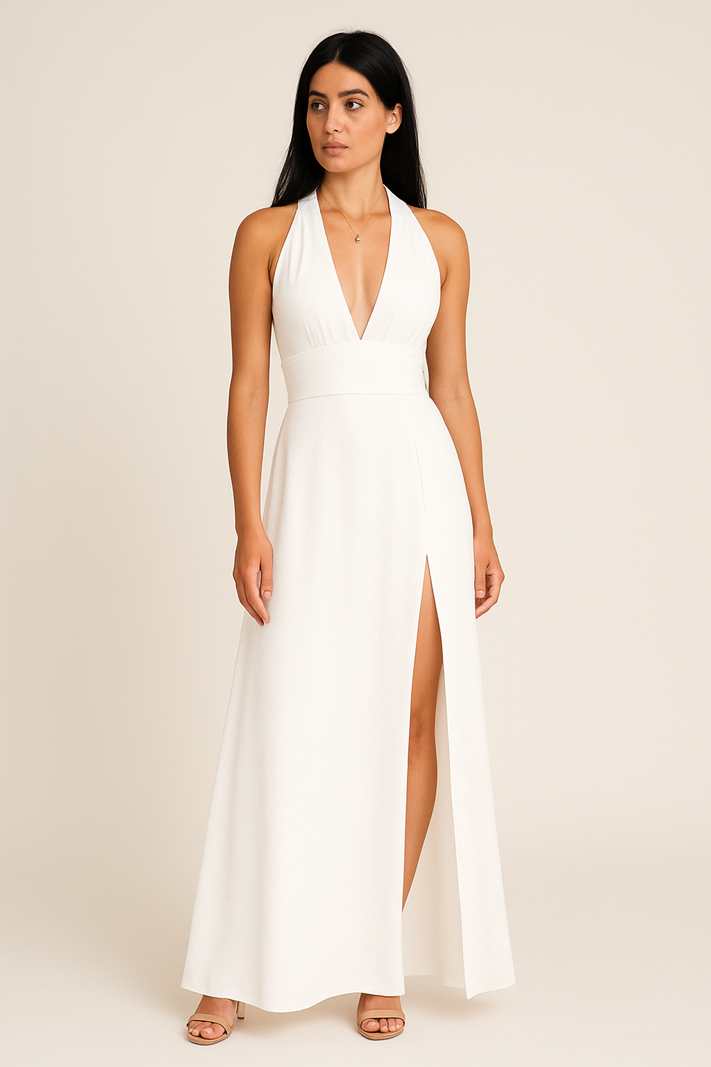 Elegantes Damen Maxikleid in Weiß mit hohem Beinschlitz