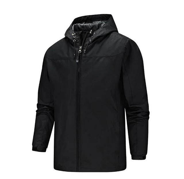 Winddichte Übergangsjacke für Herren, Rückenansicht mit Kapuze
