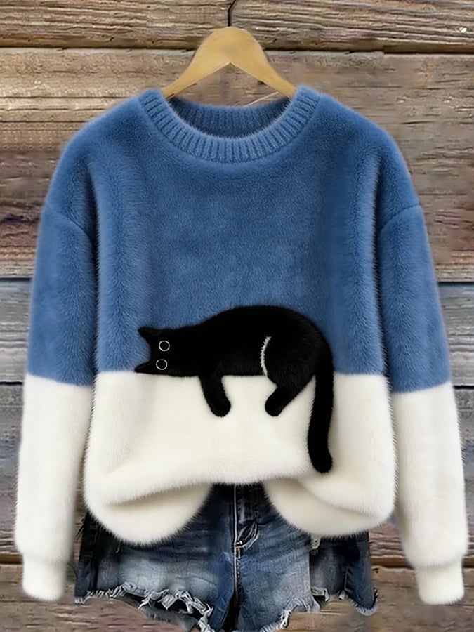 Stilisierter Strickpullover für Damen mit Katzenmuster im lässigen Alltagslook