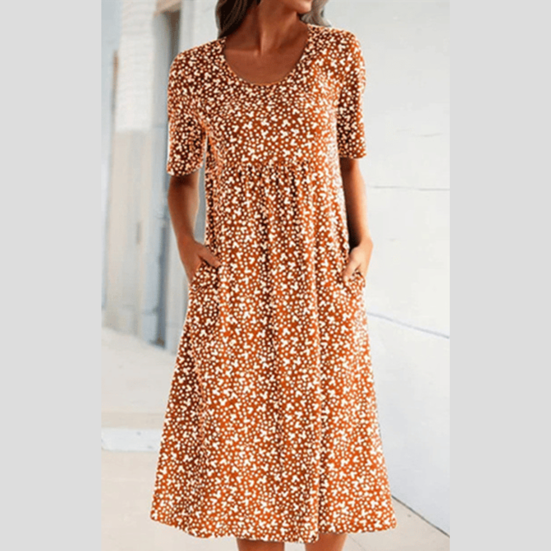 Blumenkleid für Damen in A-Linie, Freizeitkleid Stoff und Muster Nahaufnahme