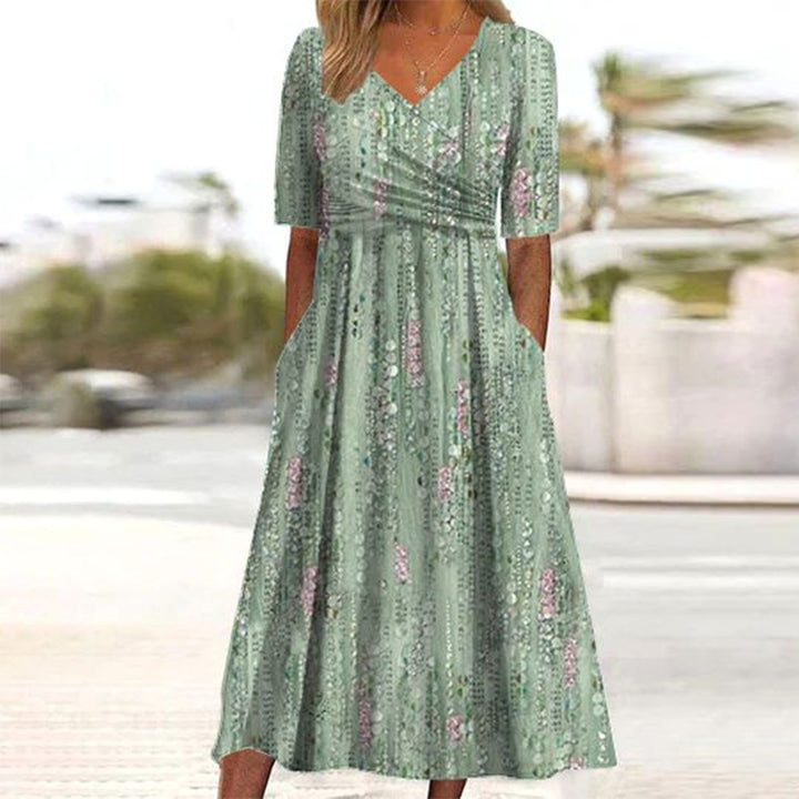 Grünes Damen Midikleid mit Pflanzenmuster und V-Ausschnitt