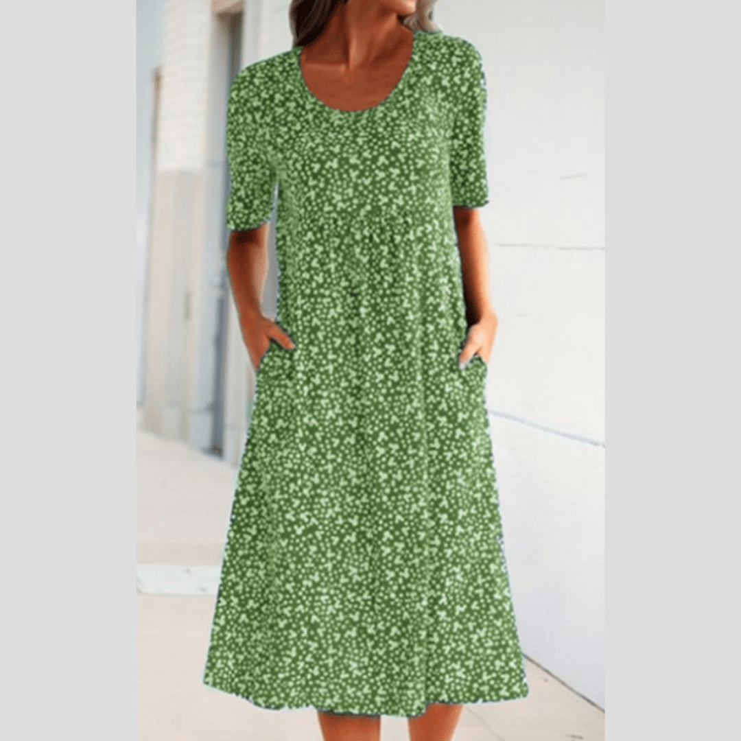Damen Midikleid mit Blumenmuster im Detail, A-Linie Sommerkleid Ausschnitt