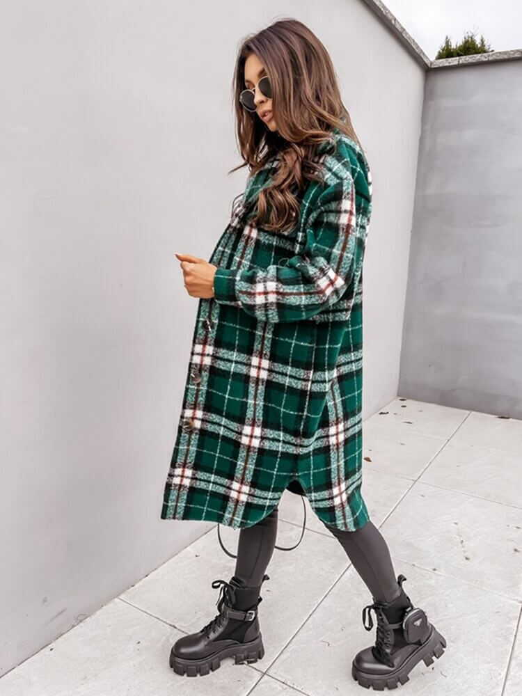 Damen Oversized Karo-Jacke: Langer Mantel