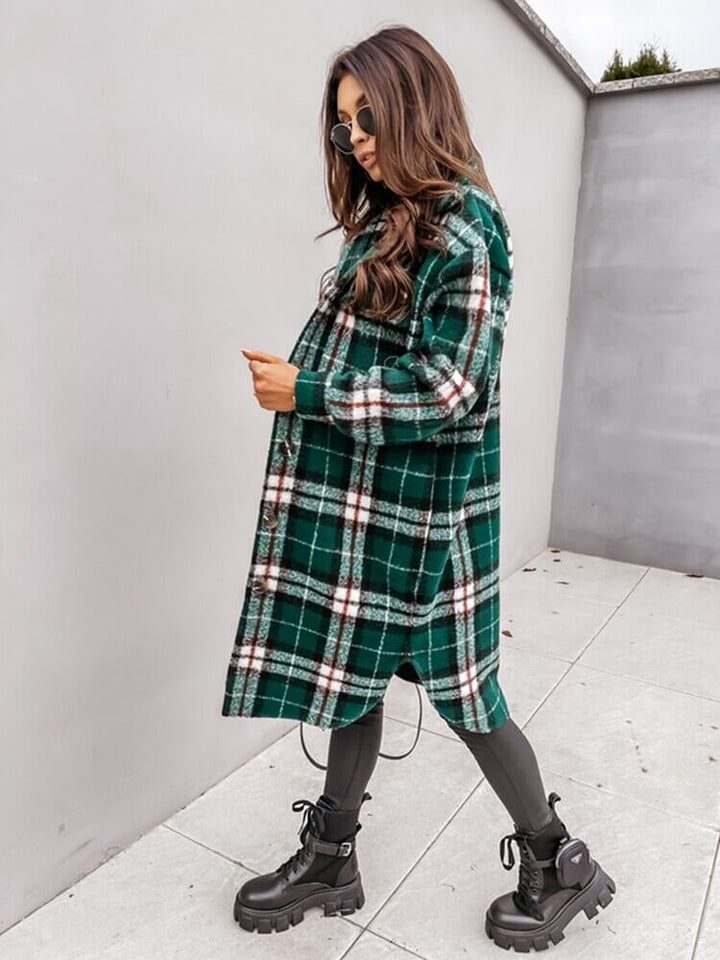 Damen Oversized Karo-Jacke: Langer Mantel