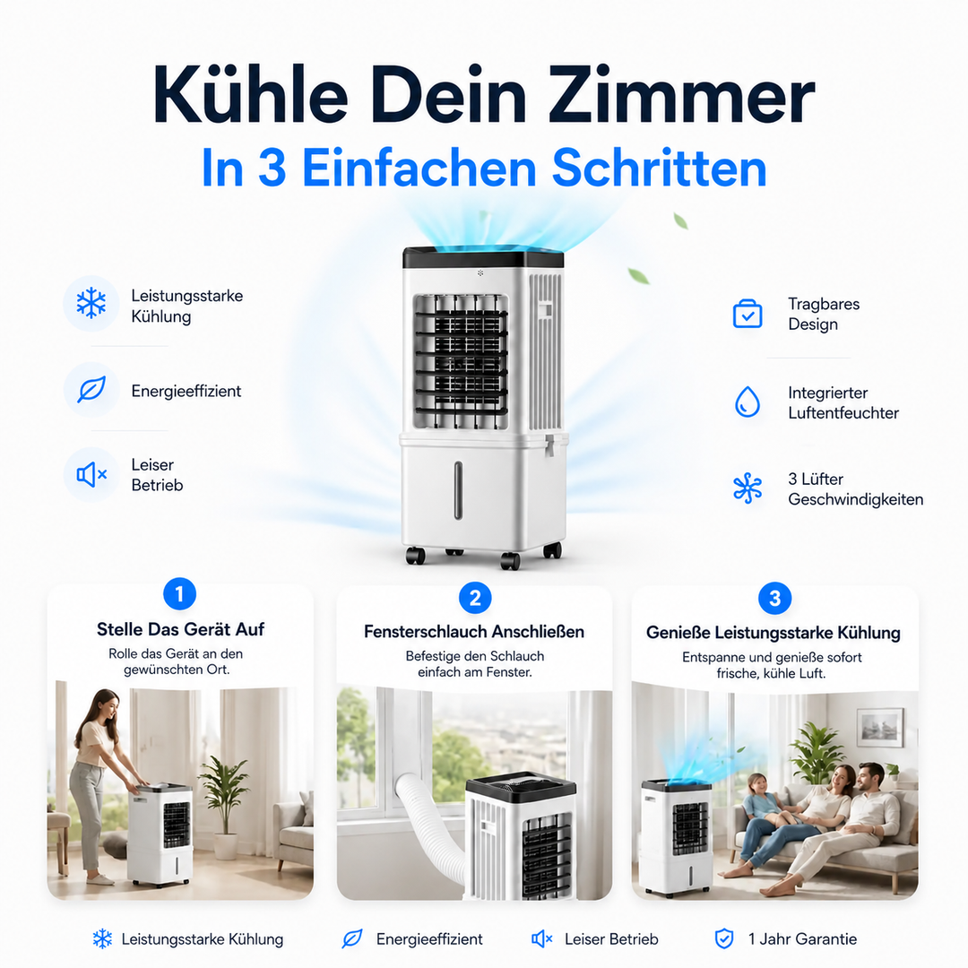 Tragbarer 3-in-1 Luftkühler, Entfeuchter & Ventilator