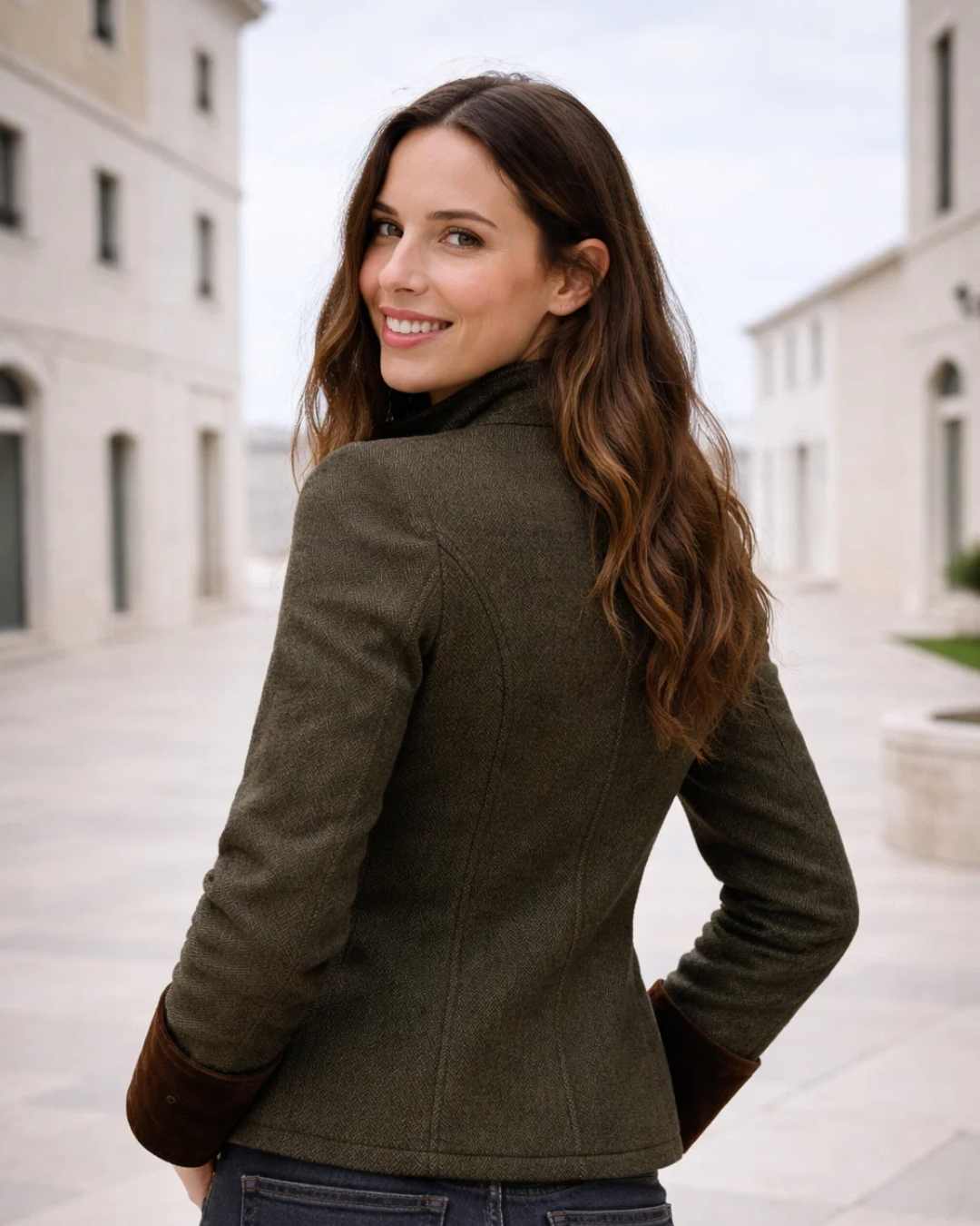 Taillierte Damen Tweedjacke in Grün mit elegantem Schnitt für die Herbstmode