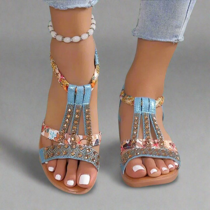 Damen Boho Sandalen in Blau mit Strasssteinen und Blumenmuster