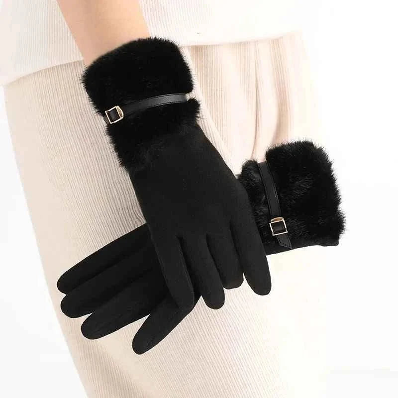 Touchscreen-kompatible Damen-Winterhandschuhe in Schwarz, bieten Wärme und Schutz im Winter.