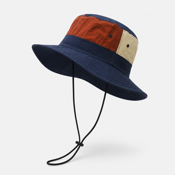 Stilvoller Sonnenhut in Dunkelblau mit Farbblock-Design und Kinnband