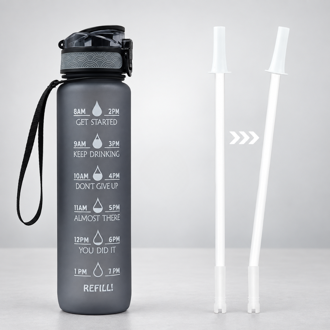 Transparente Motivations-Wasserflasche 1L mit Zeitmarkern, Tritan, unisex, für tägliche Trinkziele.