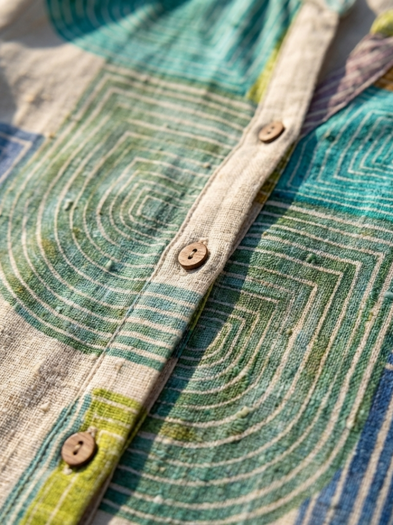 Nahaufnahme der Knopfleiste und des geometrischen Musters am Kleid
