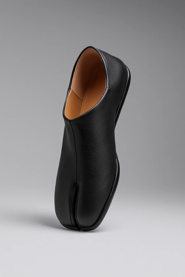 Nahaufnahme: Herren Tabi Slipper mit gespaltenen Zehen und innovativer verstellbarer Ferse. Stilvoll.