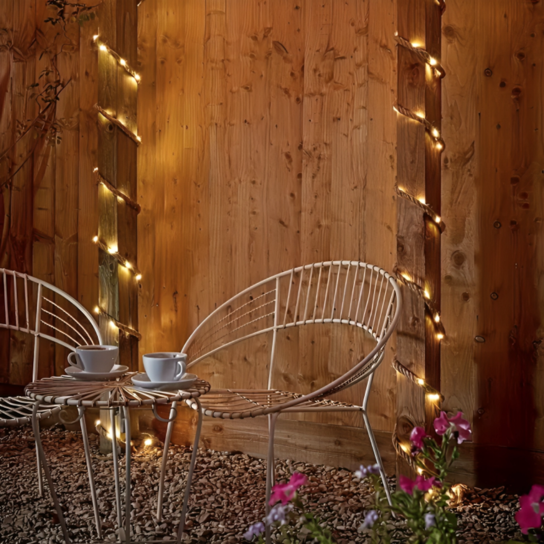 Warmes Leuchten einer LED-Solarlichterkette in einem gemütlichen Gartenambiente