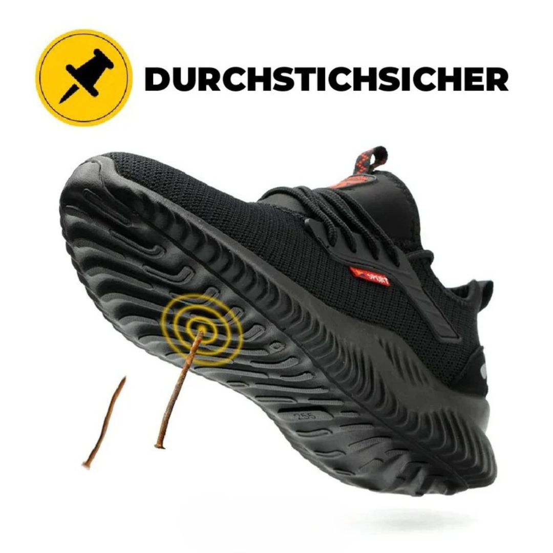 Detailansicht der rutschfesten Profilsohle der Herren Sicherheitsschuhe, griffig für Outdoor-Arbeiten.