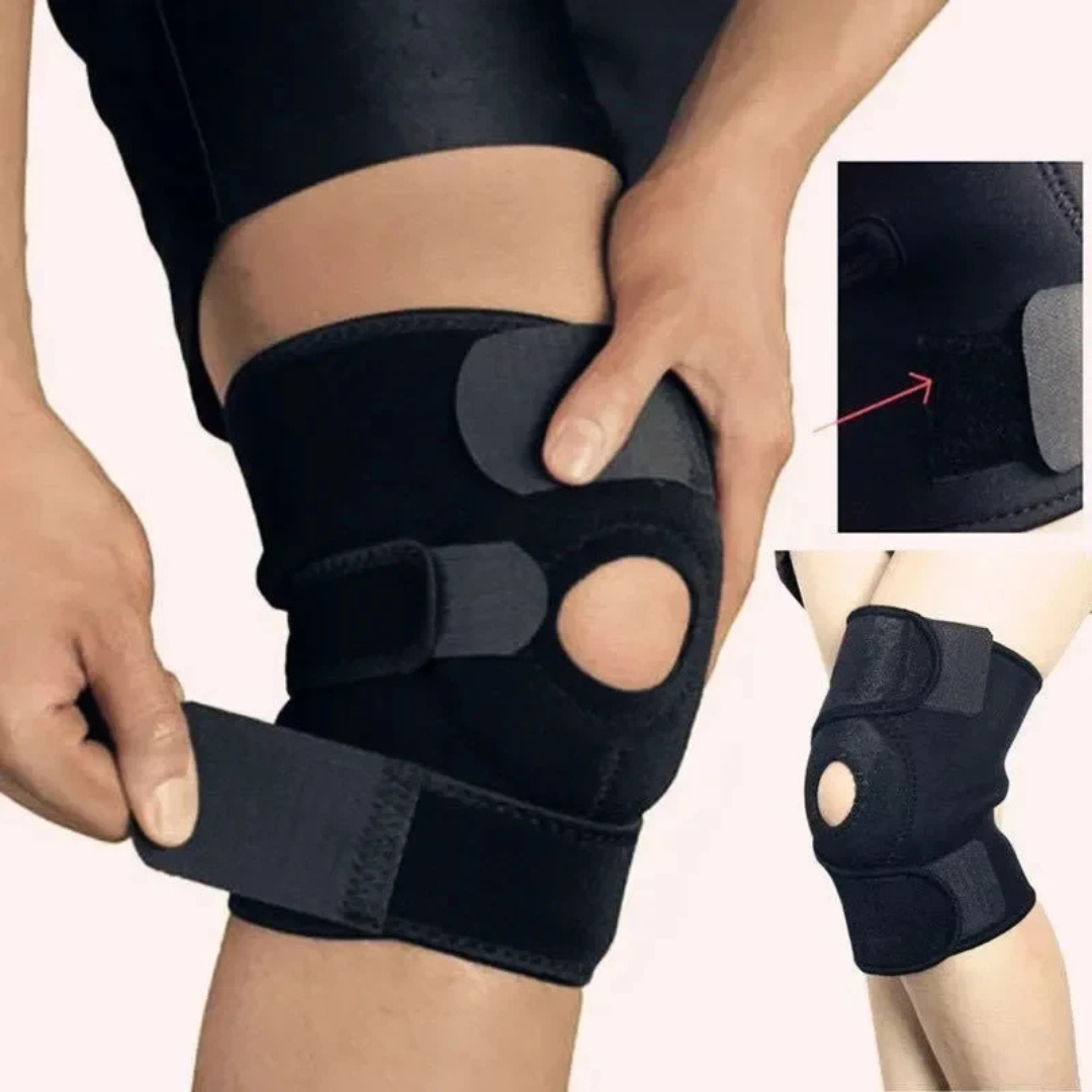 Schwarze Kniebandage mit Kompression und Patellaring für Sportler, Detailansicht