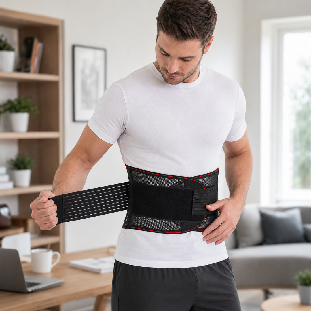 Schwarzer Unisex Lendenwirbelstützgürtel, verstellbar für optimalen Rückenschmerz-Komfort.