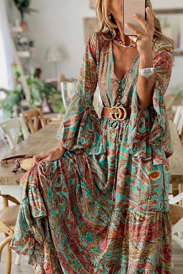 Damen Maxi Kleid mit Paisleymuster & Trompetenärmel