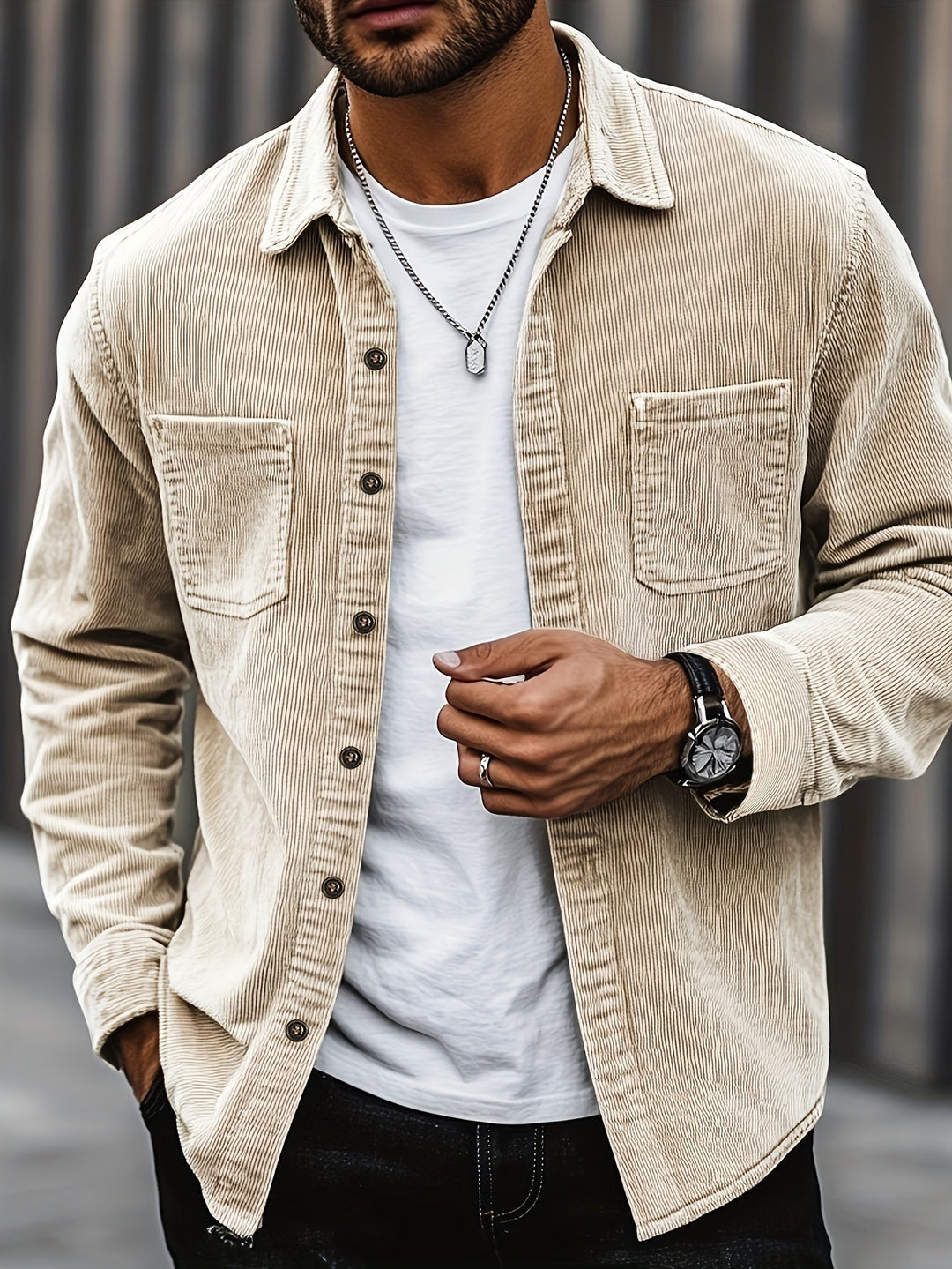 Herren Hemdjacke in Khaki mit Reverskragen und Brusttaschen