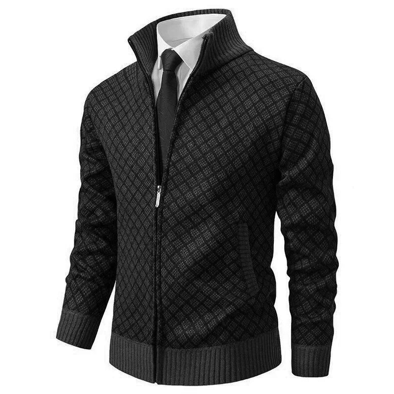 Schwarze Herren Strickjacke mit Stehkragen und Rautenmuster