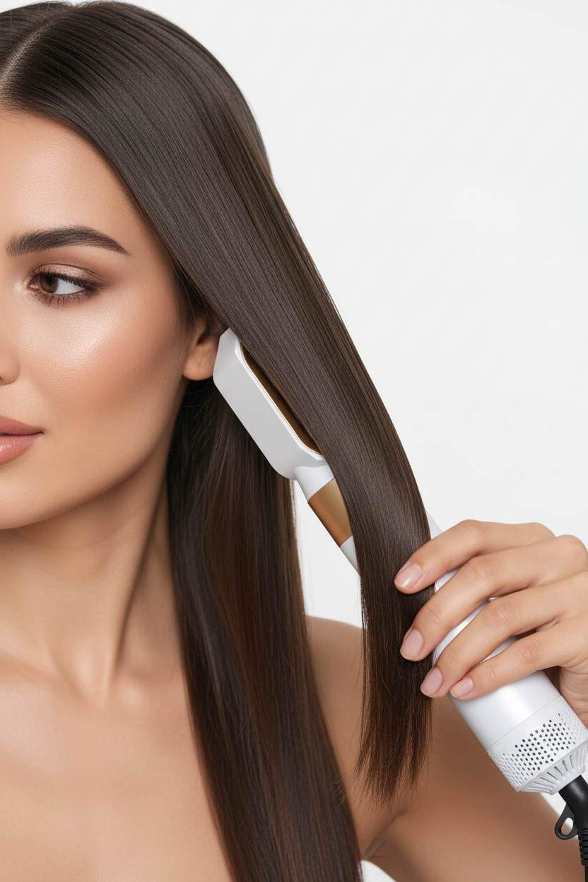 Warmluftbürste mit verschiedenen Aufsätzen für schnelles Haarstyling, Föhnen, Glätten, Locken und Volumen. Profi-Stylinggerät.