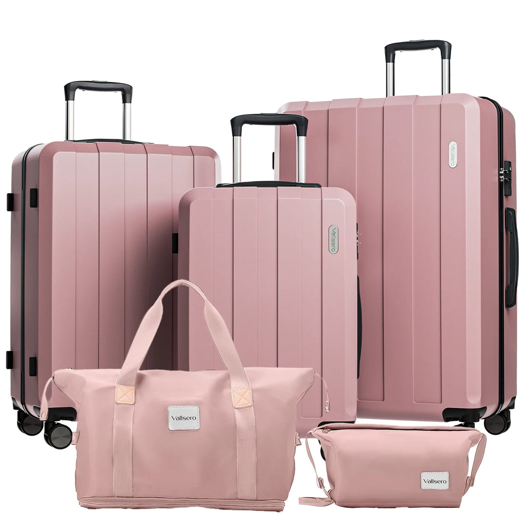 5-teiliges Hartschalen-Kofferset für Reisen in Rosa & Schwarz, robustes Gepäckset mit Rollen.