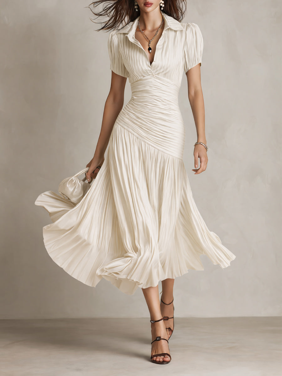Damen Midi-Kleid Adriana in Weiss mit elegantem Falten-Design