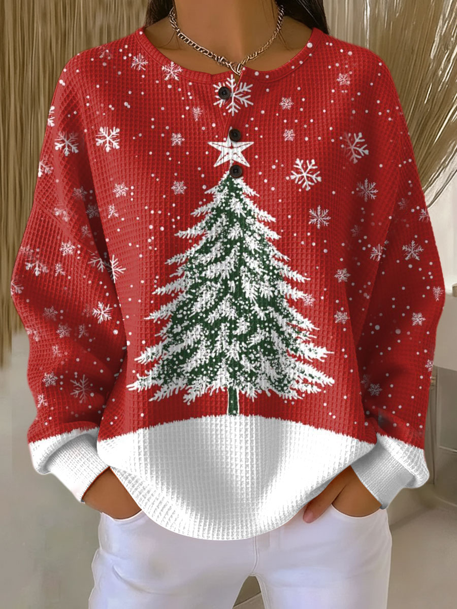 Detailansicht des roten Damen Langarmpullovers mit Weihnachtsmotiv