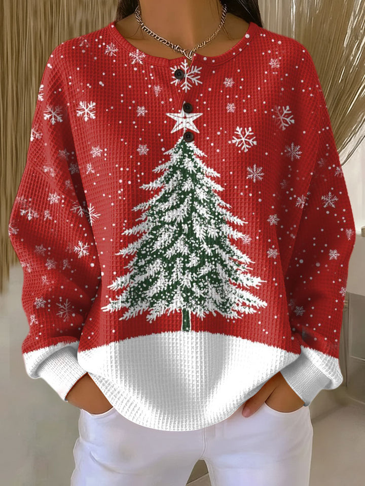 Detailansicht des roten Damen Langarmpullovers mit Weihnachtsmotiv