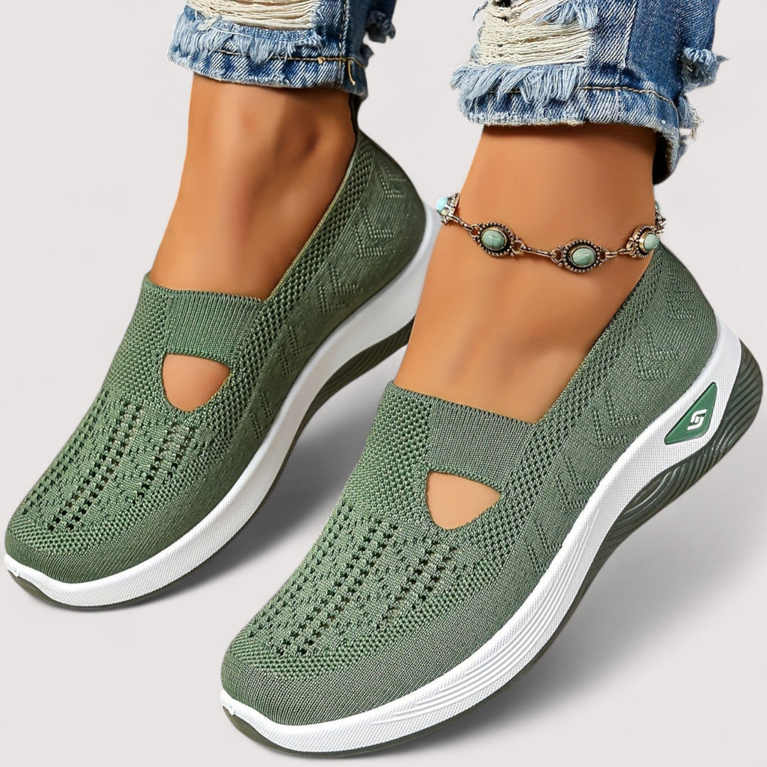 Detail der rutschfesten Gelsohle des Damen Sneakers. Optimale Dämpfung für komfortable Sportschuhe.
