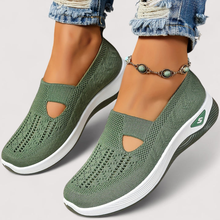 Detail der rutschfesten Gelsohle des Damen Sneakers. Optimale Dämpfung für komfortable Sportschuhe.