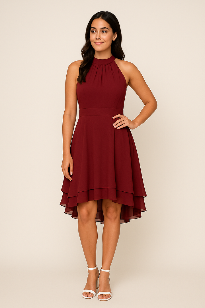 Partykleid Damen: Elegantes Neckholder Design und moderner High-Low Stufenrock. Ein Hingucker im Sommer.