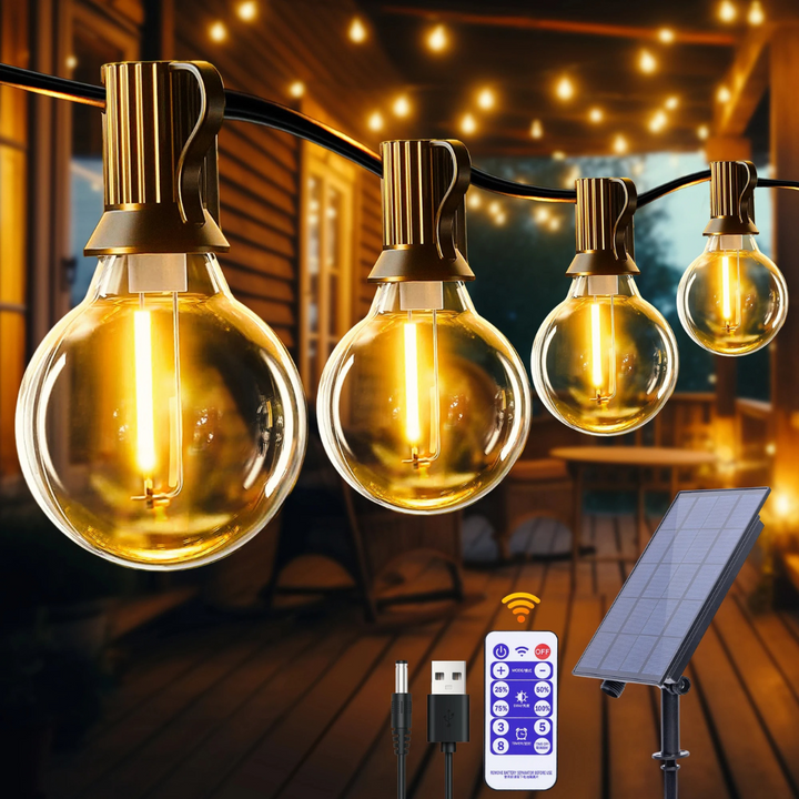 Solarlampe in Form einer LED Lichterkette beleuchtet gemütlich den Sitzplatz