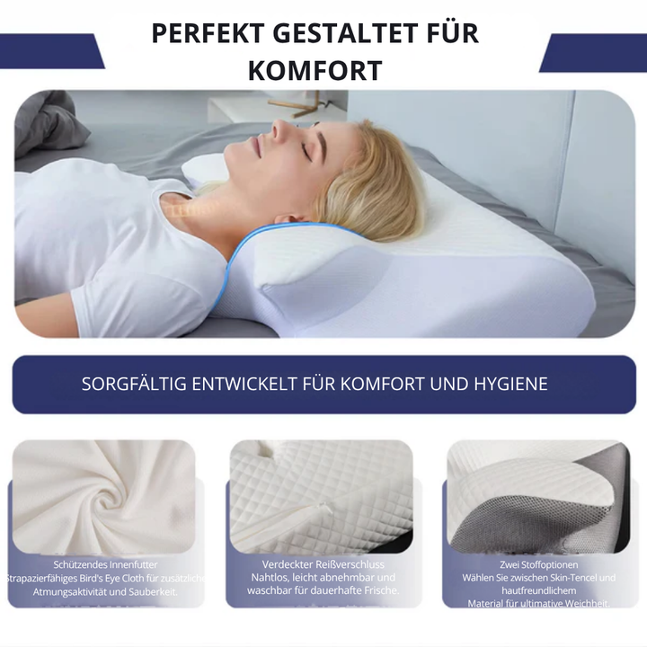Ergonomisches Nackenkissen aus Memory Foam auf einem Bett, bereit für erholsamen, orthopädischen Schlaf.