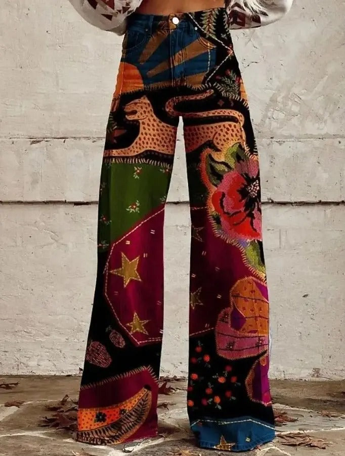 Damen Schlagjeans mit elegantem Blumenmuster – Perfekter Boho-Chic