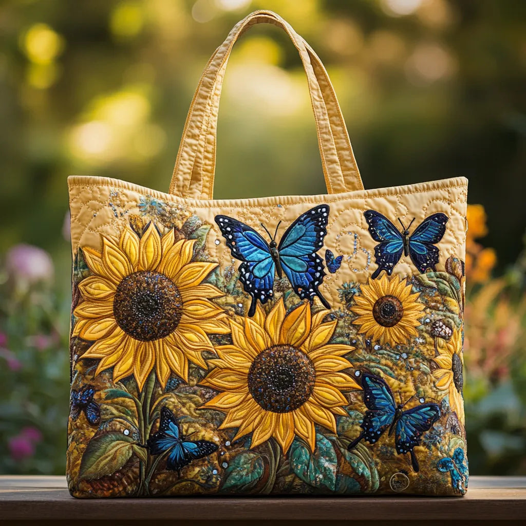 Handgefertigte Damen Handtasche mit Sonnenblumen und blauen Schmetterlingen