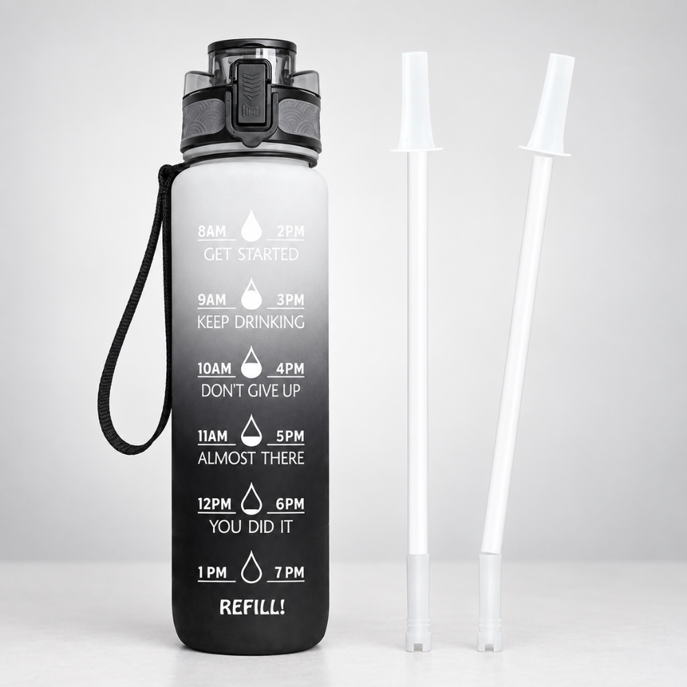 Sport-Trinkflasche 1 Liter mit Zeitmarkern, Tritan, motiviert zum Trinken, ideal für Fitness.
