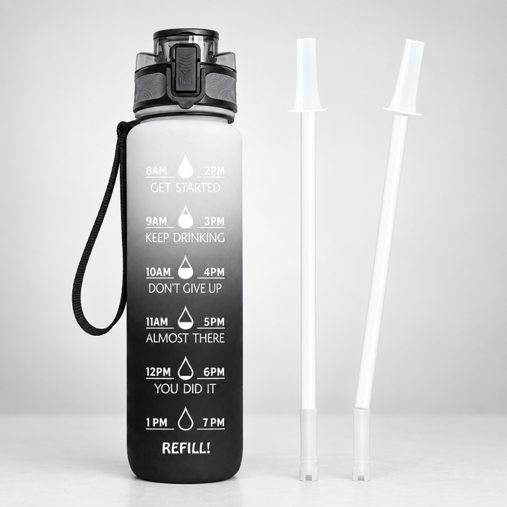 Sport-Trinkflasche 1 Liter mit Zeitmarkern, Tritan, motiviert zum Trinken, ideal für Fitness.