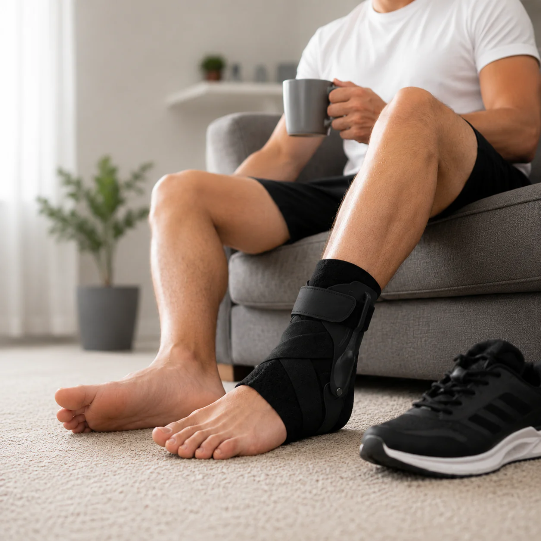Diskrete schwarze Knöchelbandage, low profile design für unauffälligen Gelenkschutz unter Kleidung.