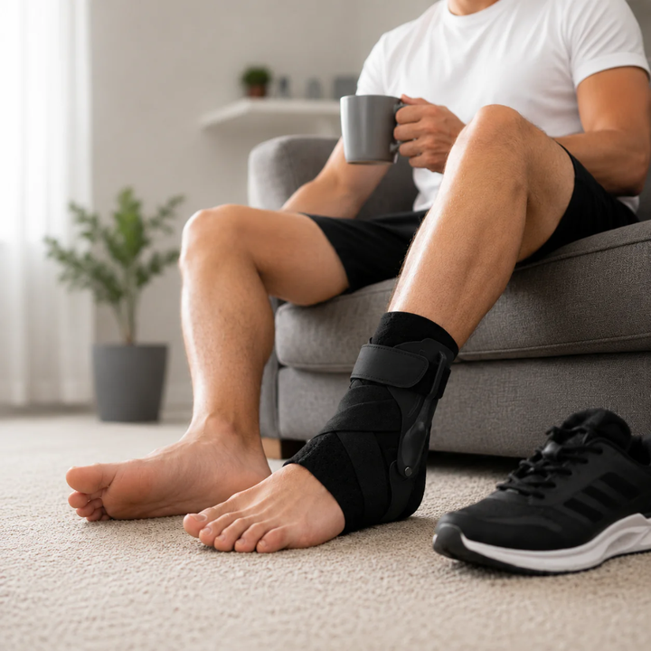 Diskrete schwarze Knöchelbandage, low profile design für unauffälligen Gelenkschutz unter Kleidung.