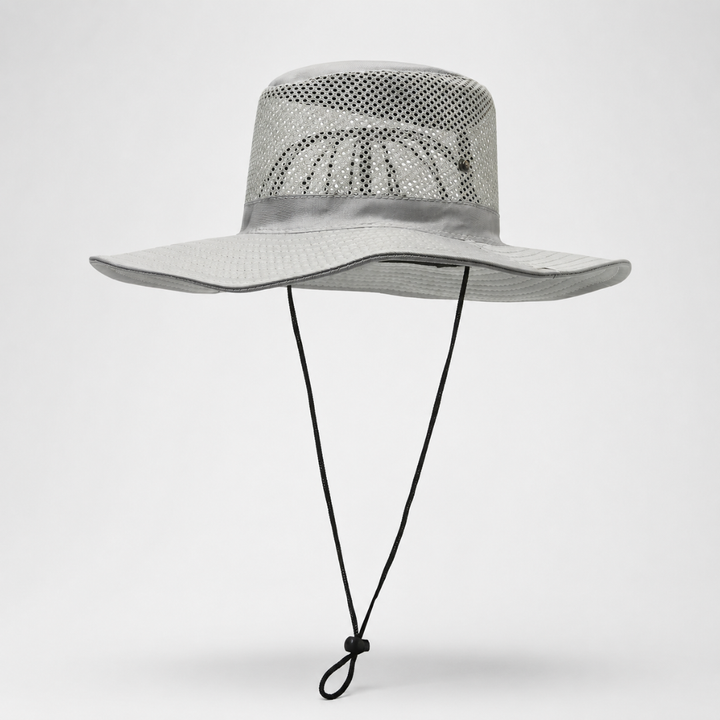 Grauer Outdoor Sonnenhut mit Netzkrone und verstellbarem Kinnriemen