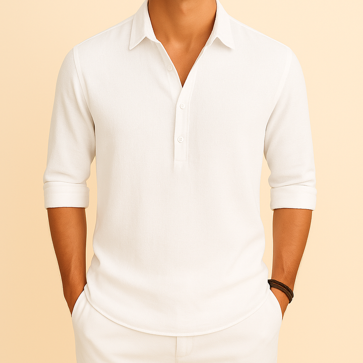 Stilvolles Herren Langarm Henley Poloshirt in Weiß, klassischer Schnitt, ideal für legere Business-Looks oder Freizeit.