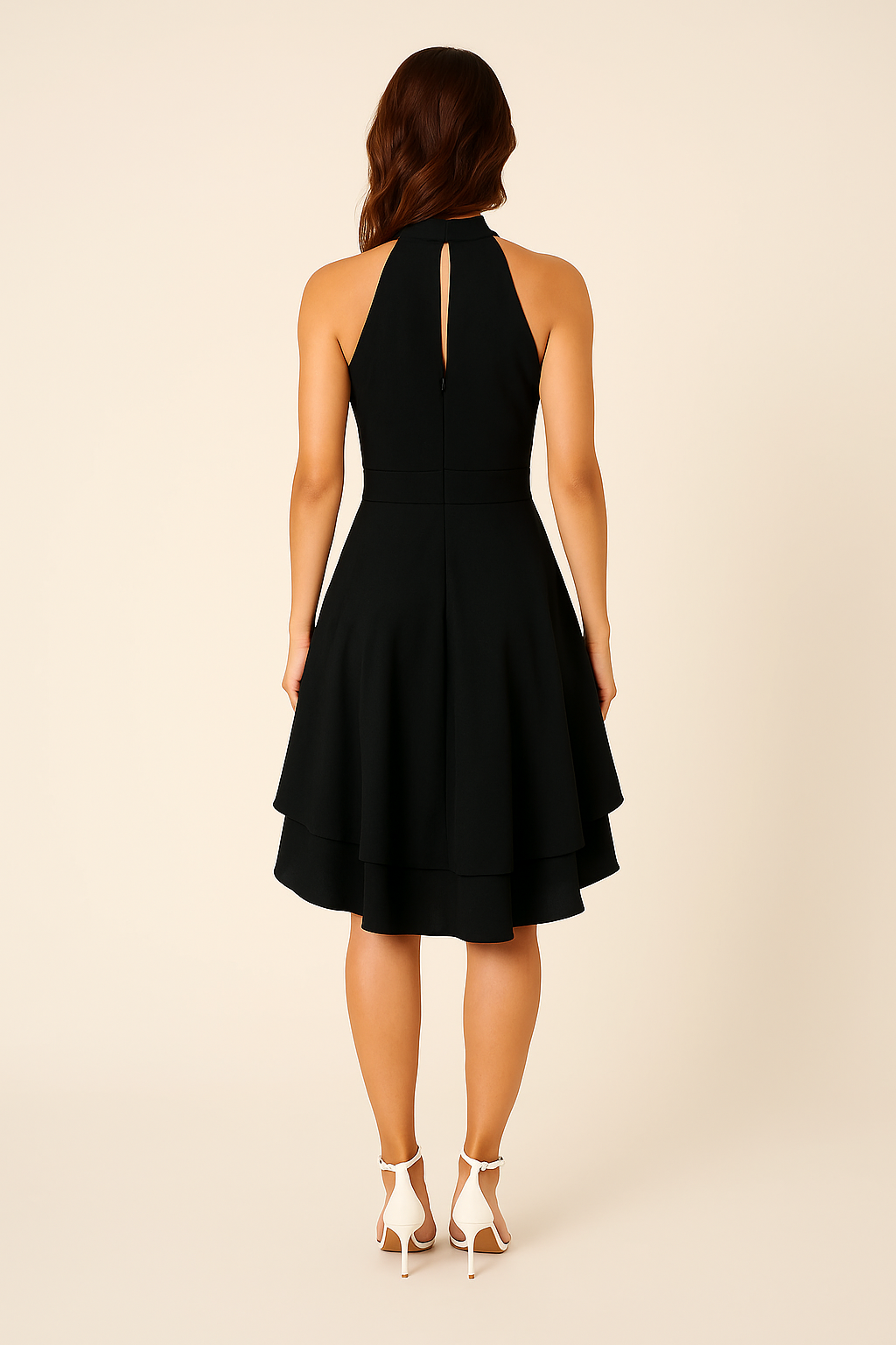 Luftiges Neckholder Damenkleid, perfekt als Strandkleid oder Urlaubskleid, mit elegantem Stufenrock.