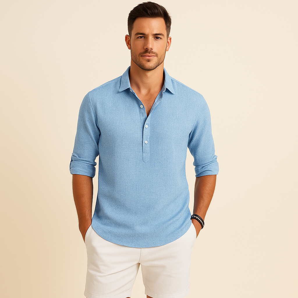 Herren Klassisches Langarm Henley Poloshirt in Schwarz, stilvolles Freizeitoberteil, bequem und vielseitig.