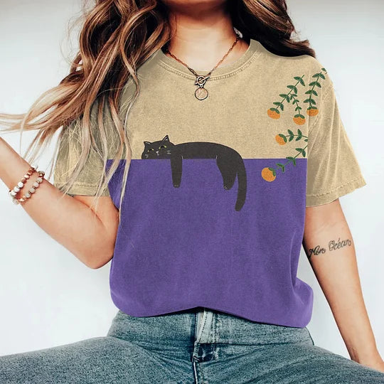 Damen T-Shirt in Violett mit Katzen-Motiv und Print